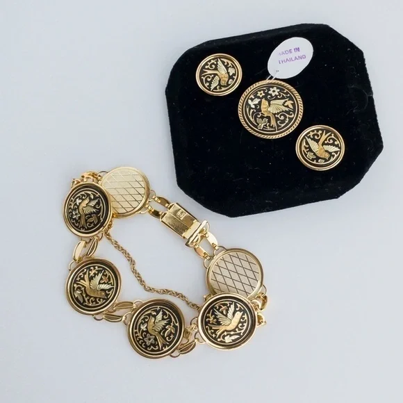 Vintage Damascene Medallion Jewelry Set IA Midas Toledo Spain Gold Tone & Enamel - Picture 3 of 15